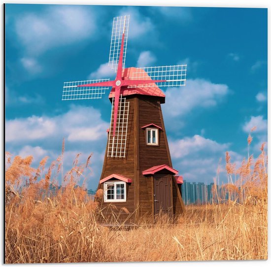 Dibond - Rood/Bruine Molen - 50x50cm Foto op Aluminium (Met Ophangsysteem)