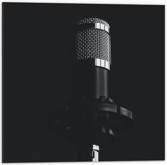 Dibond - Zwarte Microfoon op Zwarte Achtergrond - 50x50cm Foto op Aluminium (Wanddecoratie van metaal)
