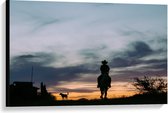 Canvas  - Silhouet van Hond en Cowboy - 90x60cm Foto op Canvas Schilderij (Wanddecoratie op Canvas)