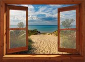 Tuinposter - 130x95 cm - bruin mahony venster duinen overgang - tuindecoratie - tuindoek - tuin decoratie - tuinposters buiten - tuinschilderij