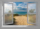 Tuinposter - 130x95 cm - grijs venster duinen overgang - tuindecoratie - tuindoek - tuin decoratie - tuinposters buiten - tuinschilderij
