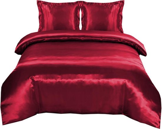 Duvet World - Housse de dekbedovertrek en satin brillant - double - 200x200 / 220 - 2 taies d'oreiller 60x70cm - rouge