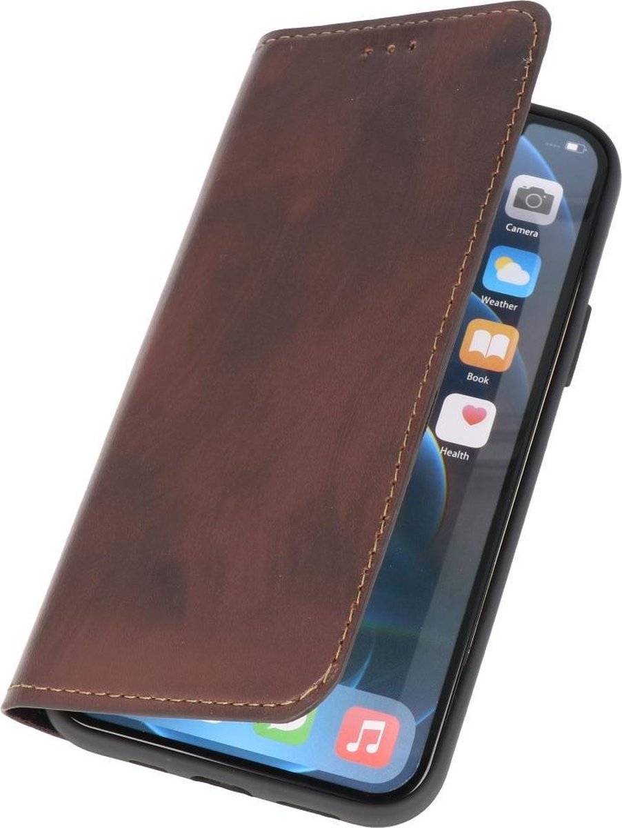 Diledro - Ultra thin flip wallet iPhone 12 Mini hoesje echt leer - Medium Brown