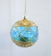 Kerstbal glas blauw/goud glitter en deco-steentje Ø 8 cm (2 doosjes á 3 stuks)