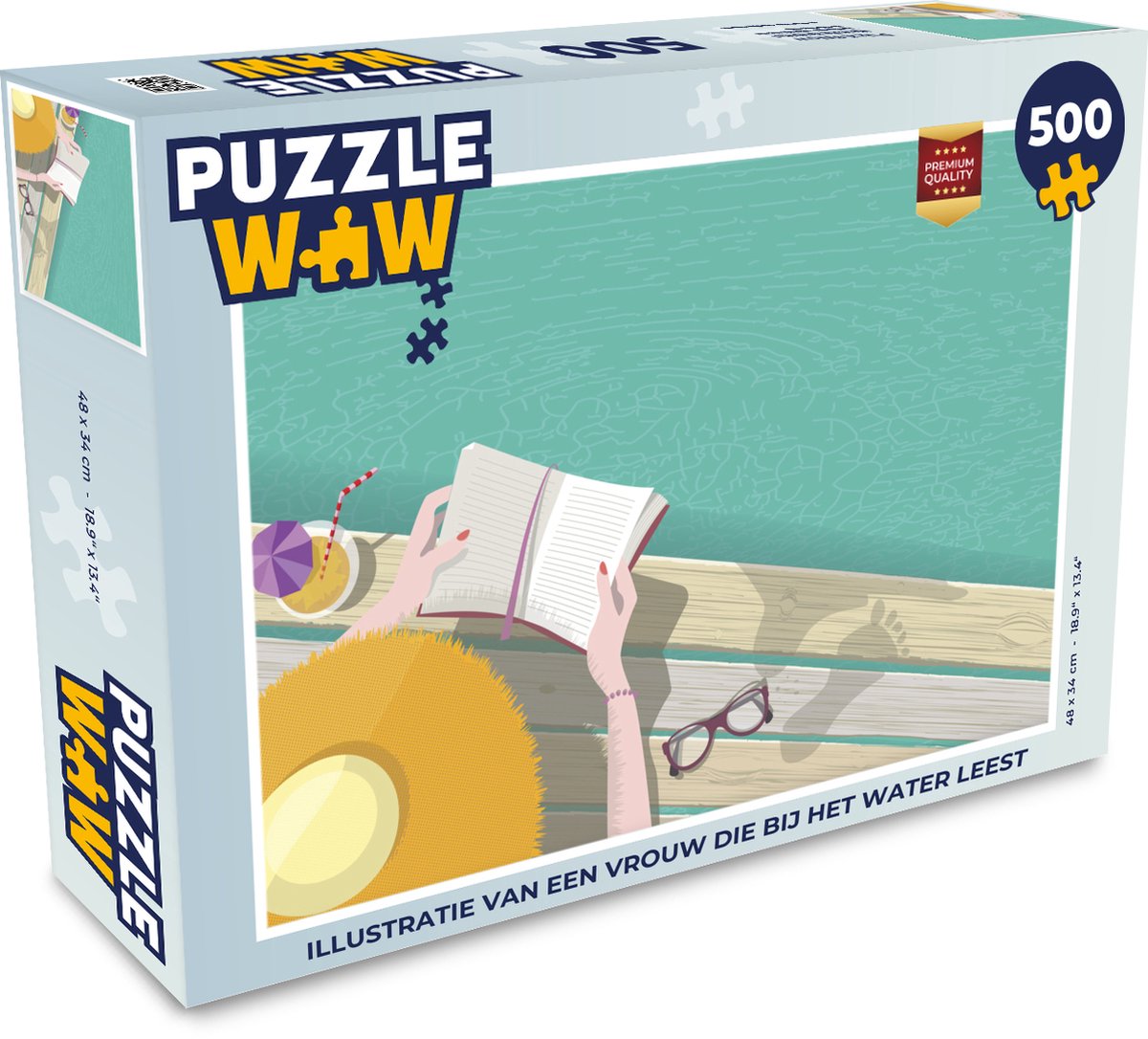 Afbeelding van product Puzzel 500 stukjes Lezen illustratie - Illustratie van een vrouw die bij het water leest - PuzzleWow heeft +100000 puzzels