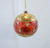 Kerstbal glas rood/goud gedecoreerd 8cm (2 doosjes á 3 stuks)