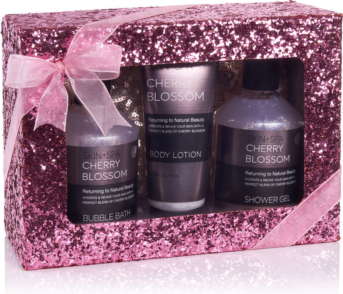 Goedkoopste BRUBAKER Beautyset Kersenbloesem Huid Spa - Cadeautip Vrouw - Cadeau Idee - 4-delige Cadeauset Bad en Body Set - met Kersenbloesemgeur in Glinsterende Geschenkdoos Roze Cosmetische Zakje