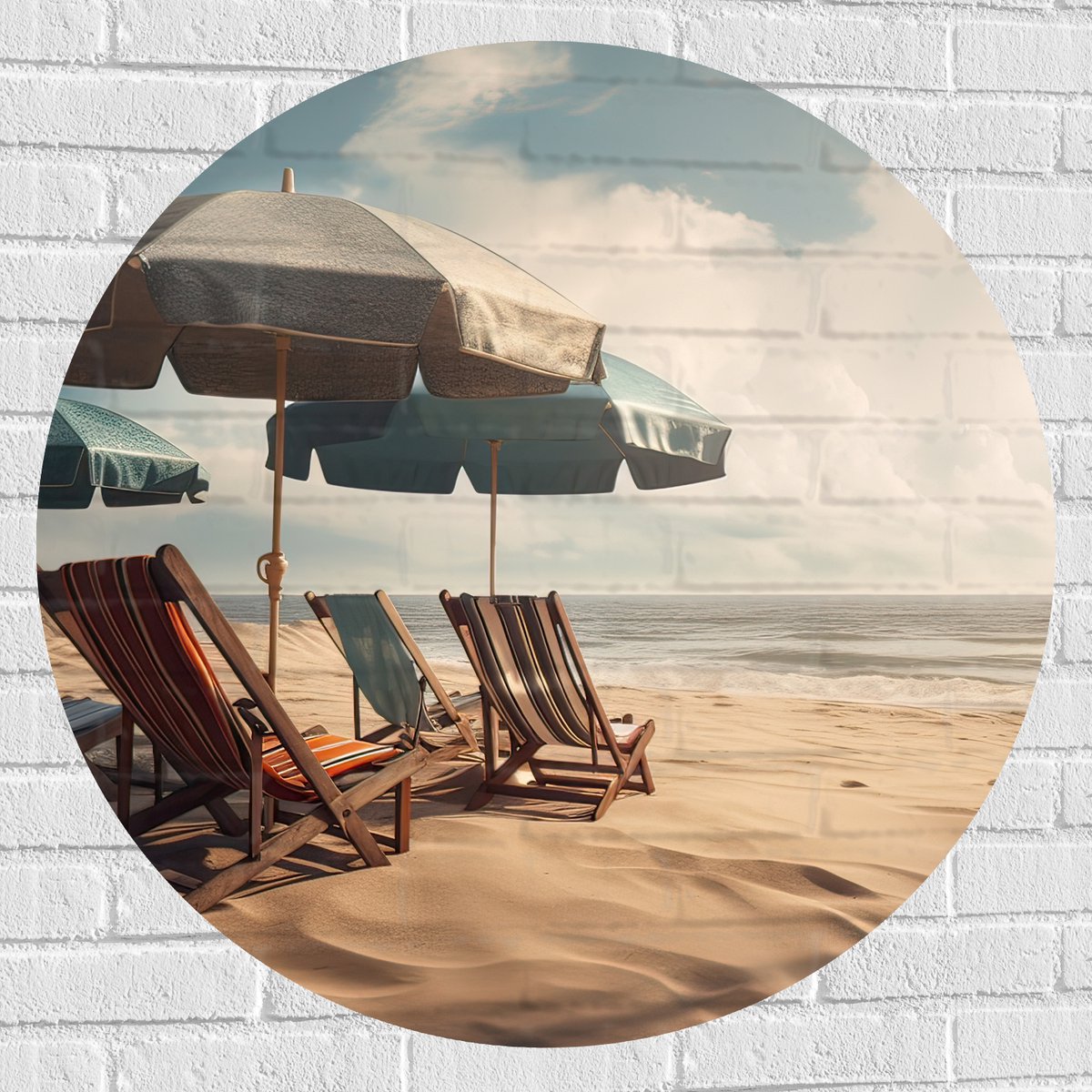 Muursticker Cirkel - Strandstoelen en Parasols op het Strand op Bewolkte Dag - 90x90 cm Fo