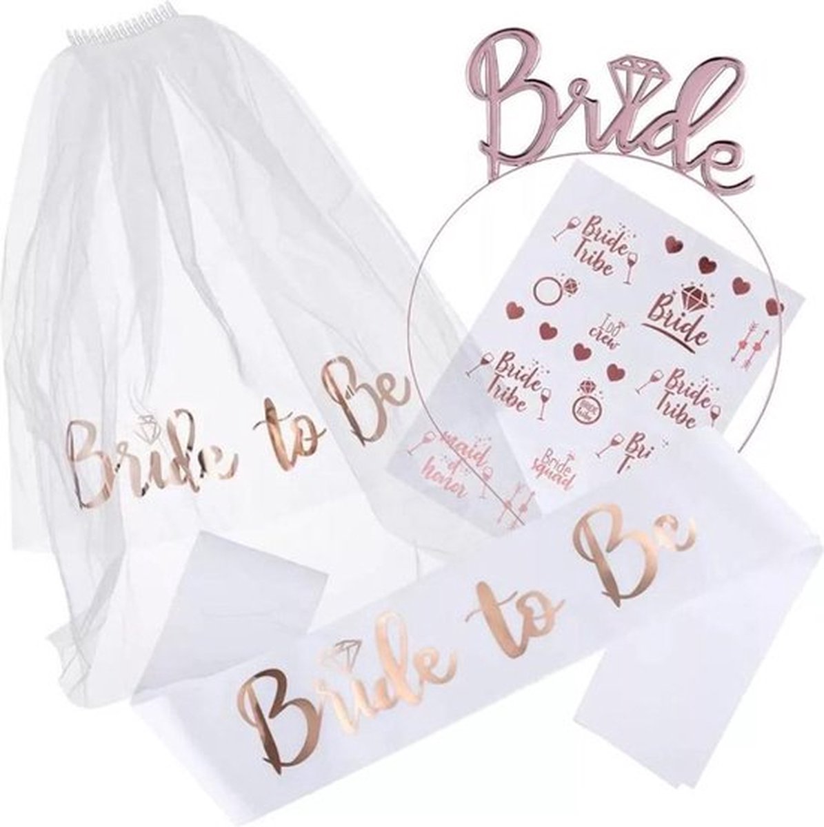 FeestmetJoep® vrijgezellenfeest - Bride to be 23-delig feestpakket Vrijgezellenfeest vrouw - Team bride - Bride to be sjerp - Bride to be sluier - Vrijgezellenfeest met het hele bride team - Team bride sjerp