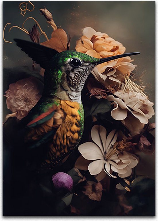 Hummingbird poster - Kolibrie Vintage - Luxe Metalen Wall Art 64 / cm.