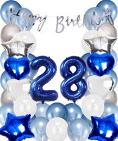 Snoes Ballonnen 28 Jaar Set Mega Blauw Zilver Ballon - Compleet Feestpakket Cijferballon 28 Jaar - Verjaardag Versiering Slinger Happy Birthday – Folieballon – Latex Ballonnen - Helium Ballonnen