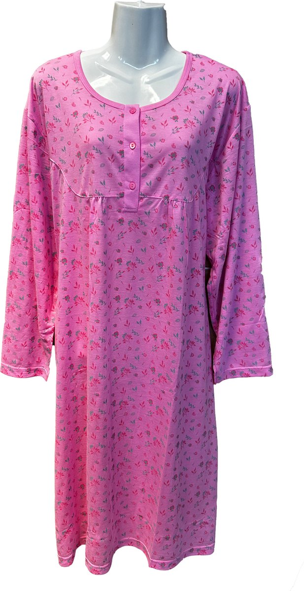Gebloemde Nachtjapon Dames lange mouwen - Kleur Roze - Maat XL