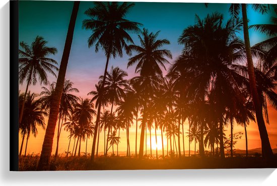 Canvas - Silhouet van Vele Palmbomen tijdens Meerkleurige Zonsondergang - 60x40 cm Foto op Canvas Schilderij (Wanddecoratie op Canvas)