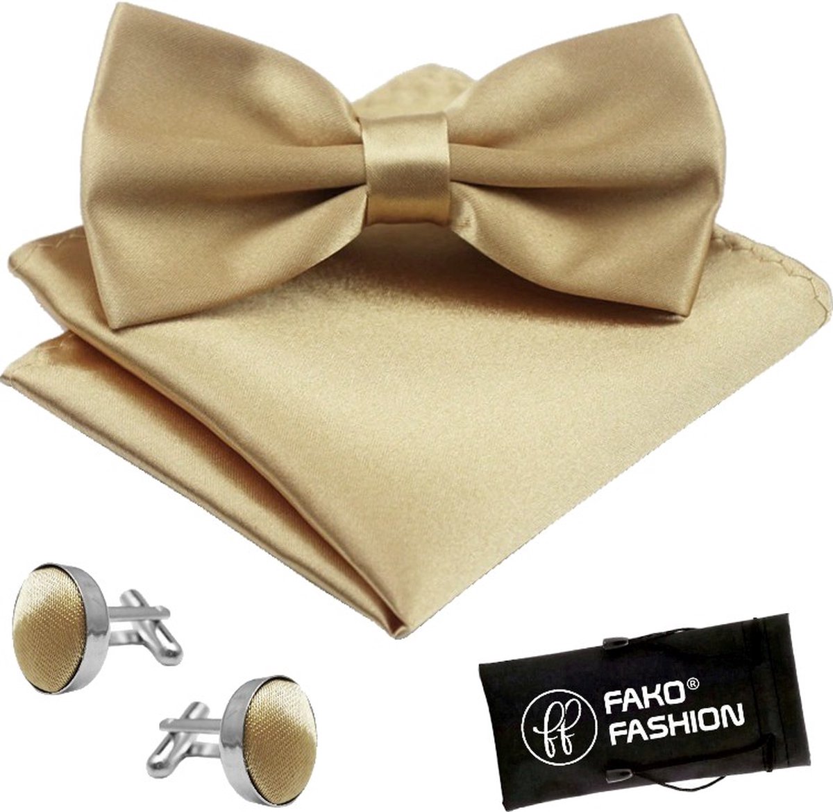 Fako Fashion® - Vlinderstrik, Pochette & Manchetknopen - Vlinderdas - Strikje - Pochet - Beige