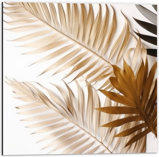 Dibond - Tropische Bladeren in Goudtinten tegen Witte Achtergrond - 50x50 cm Foto op Aluminium (Wanddecoratie van metaal)