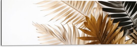 Dibond - Tropische Bladeren in Goudtinten tegen Witte Achtergrond - 90x30 cm Foto op Aluminium (Wanddecoratie van metaal)