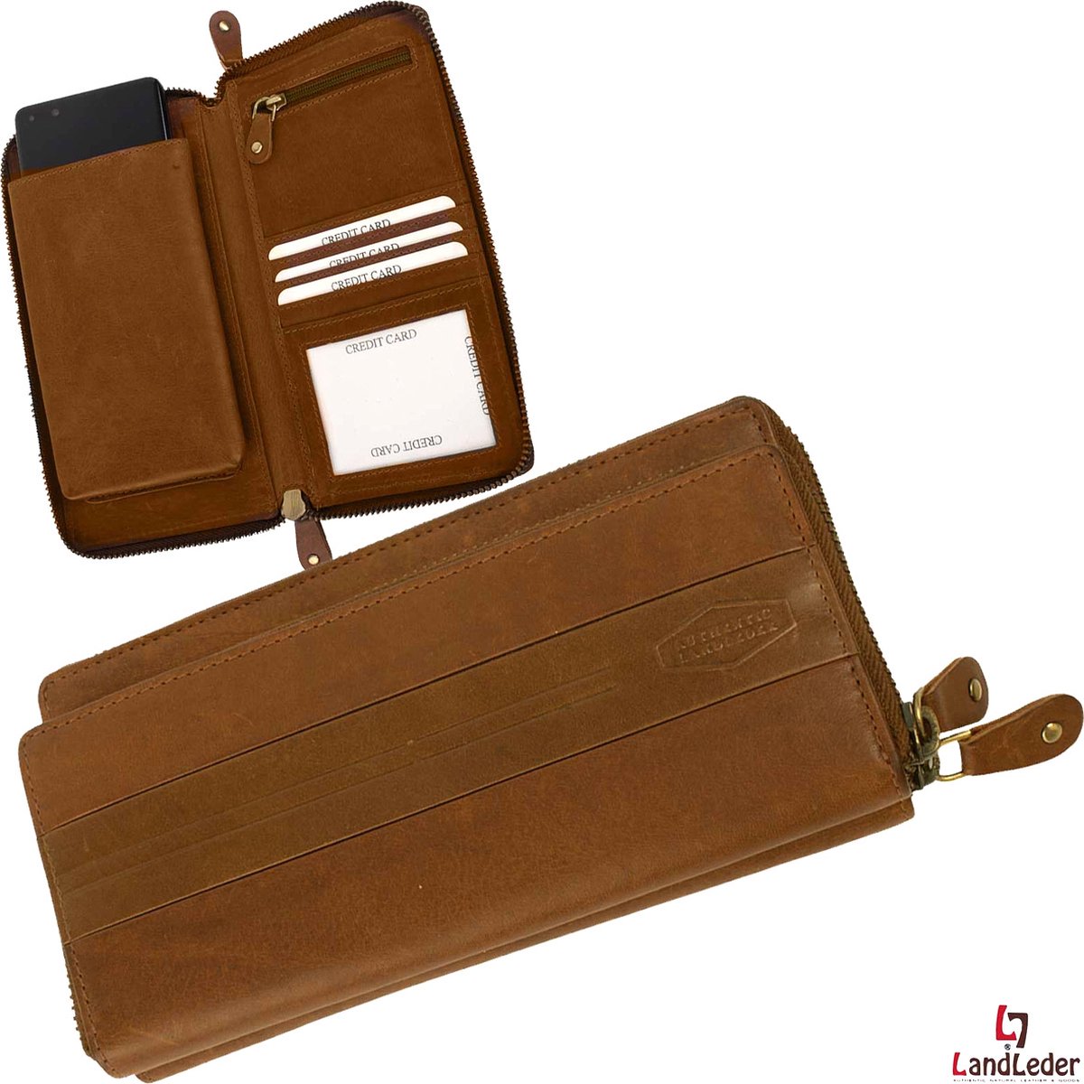 Landleder - Luxe - Stone Washed - Buffellederen Envelop portemonnee - ”Georgia” - XL - Cognac - afmeting 21 x 4 x 11 cm.