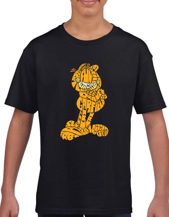 Kinder T-shirt met Garfield-afbeelding in zwart en wit | Leuk en comfortabel - Zwart - Maat 146 - T-Shirt leeftijd 11 tot 12 jaar - Grappige teksten - Cadeau - Shirt cadeau - Groetjes tekst- verjaardag -