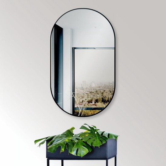 Miroir Mural Ovale 120x40 Cm Avec Cadre Métallique Noir | Miroir Décoratif Pour Salon, Chambre Et Salle De Bain - 3