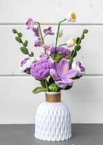 Trendy Bloemen Boeket - Paars - Incl Vaas - Kunstbloemen - Nepbloemen - Bloemenvaas - Wit - Vaasje - Gehaakte bloemen - Handgemaakt - Wol - Duurzaam - Blijvende schoonheid