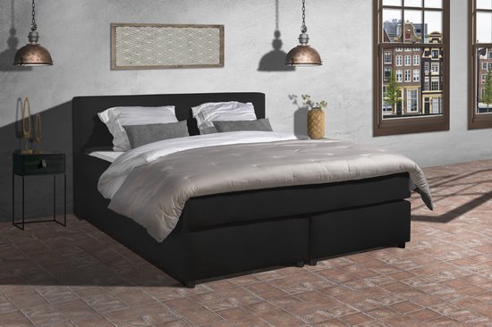 Anno 1588 - Boxspring Amsterdam - Pocketvering - Zwart Lederlook - 200x200 cm - Inclusief Dekbed en Kussens - Kingsize Bed