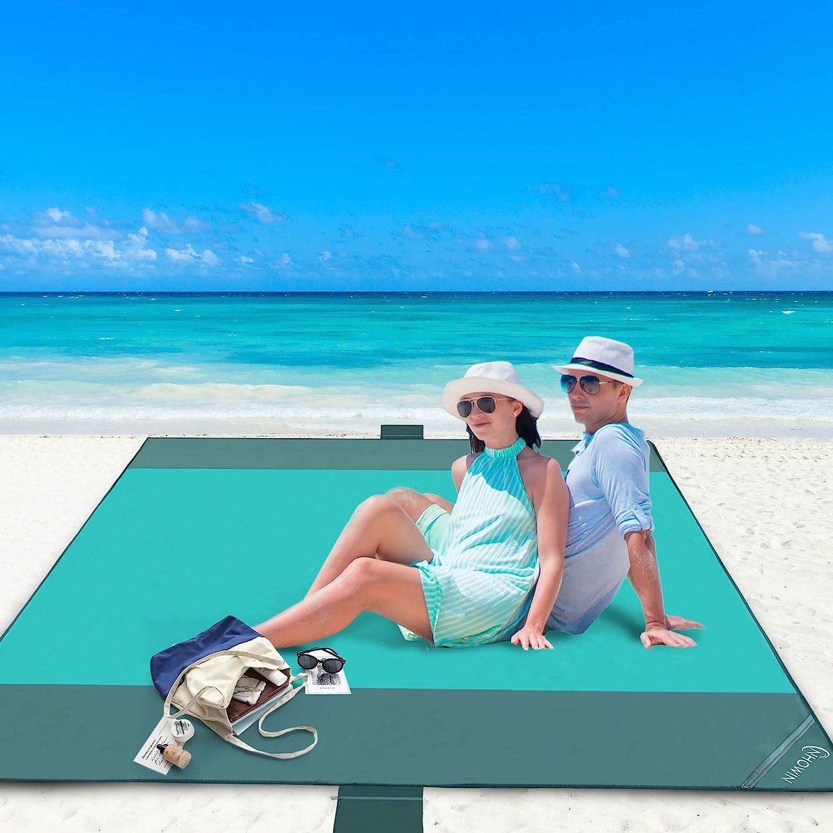 Goedkoopste Stranddecke Sandfrei Wasserdicht, Super Groß 210cm x 200cm Strandmat met 3 Reißverschlusstasche, Ultraleicht und Tragbar Picknickdecke 0.36kg für den Strand, Campen, Picknick,