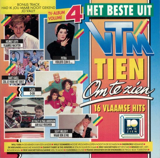 Albumcover 'Het Beste Uit 4 NTM Tien Om Te Zien', met diverse artiesten en 16 Vlaamse hits.