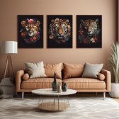 Posterset met Tijger, Cheeta en Jaguar - Prachtige katachtigen omringd met kleurrijke bloemen - 30x40cm