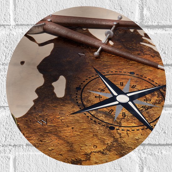 Muursticker Cirkel - Kompas op Wereldkaart - 30x30 cm Foto op Muursticker
