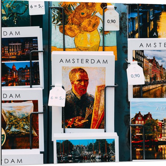 Dibond - Amsterdamse Ansichtkaarten in het Rek - 80x80 cm Foto op Aluminium (Met Ophangsysteem)