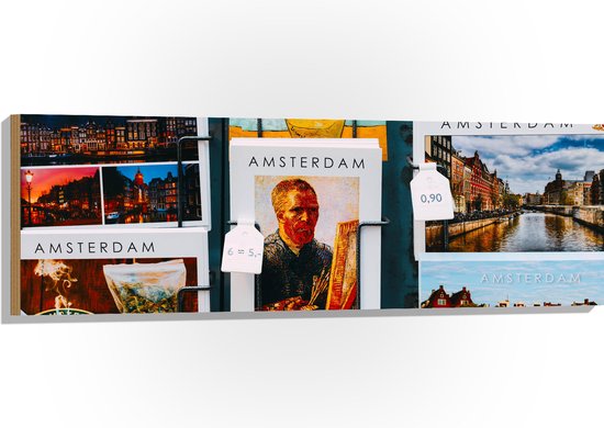 Hout - Amsterdamse Ansichtkaarten in het Rek - 120x40 cm - 9 mm dik - Foto op Hout (Met Ophangsysteem)