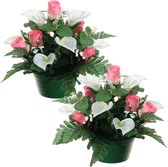 Louis Maes Kunstbloemen plantje in pot - 2x - wit/roze - 26 cm - Bloemstuk ornament - rozen met bladgroen