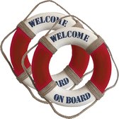 Maritiem thema decoratie - 2x - reddingsboei - Welcome on board - 14 cm - rood/wit - kunststof