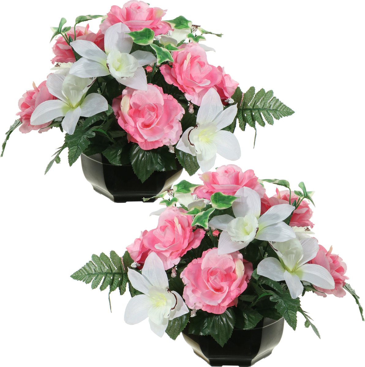 Louis Maes Kunstbloemen plantje in pot - 2x - kleuren roze/wit - 25 cm - Bloemstuk ornament - orchidee/rozen met bladgroen