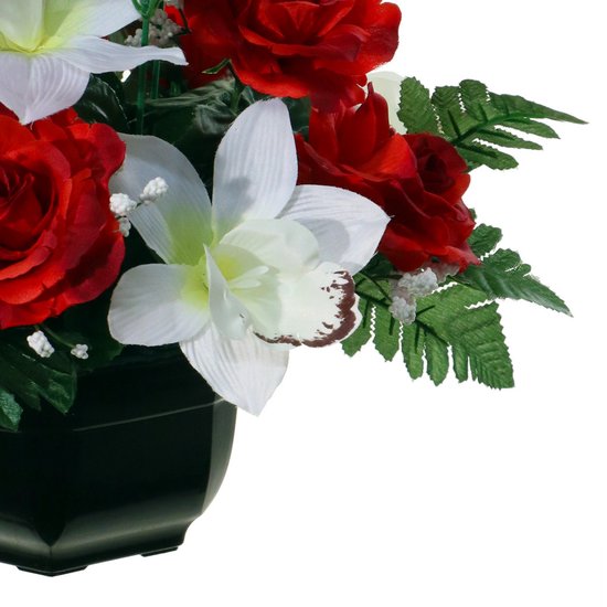 Louis Maes Plante de Fleurs artificielles en pot - 2x - couleurs rouge/blanc - 25 cm - Ornement de composition florale - orchidée/roses avec feuille verte