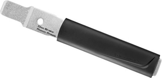 Metalen schijfremzuigerpers met zwart handvat. Tekst: 'Disc Brake Piston Press'.