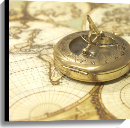 Canvas - Gouden Kompas op Wereldkaart - 60x60 cm Foto op Canvas Schilderij (Wanddecoratie op Canvas)