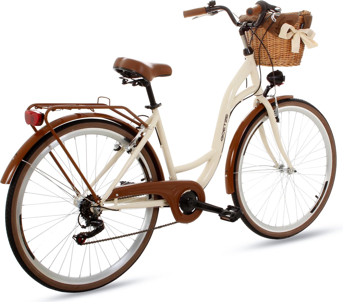 Goetze Mood Damesfiets Retro Vintage Holland Citybike, 28 inch aluminium wielen, 7 versnellingen Shimano schakelwerk, diepe instap, mand met bekleding