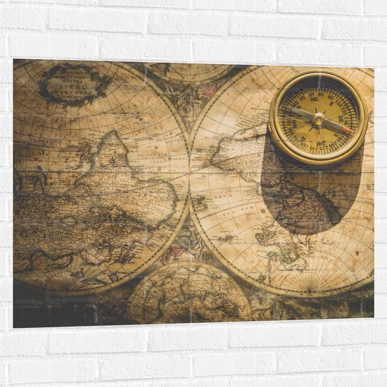 Muursticker - Kompas met Wereldkaarten - 100x75 cm Foto op Muursticker