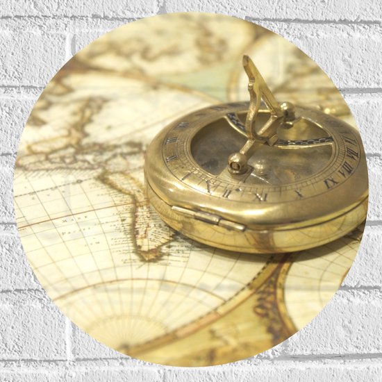 Muursticker Cirkel - Gouden Kompas op Wereldkaart - 40x40 cm Foto op Muursticker