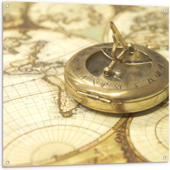 Tuinposter – Gouden Kompas op Wereldkaart - 100x100 cm Foto op Tuinposter (wanddecoratie voor buiten en binnen)