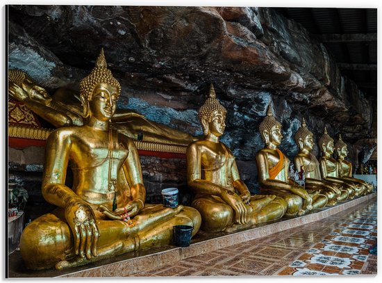 Dibond - Rijen Gouden Boeddha's in Wat Tham Khuha Sawan Tempel in Thailand - 40x30 cm Foto op Aluminium (Wanddecoratie van metaal)