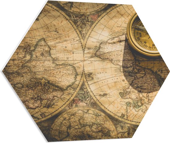 PVC Schuimplaat Hexagon - Kompas met Wereldkaarten - 70x60.9 cm Foto op Hexagon (Met Ophangsysteem)