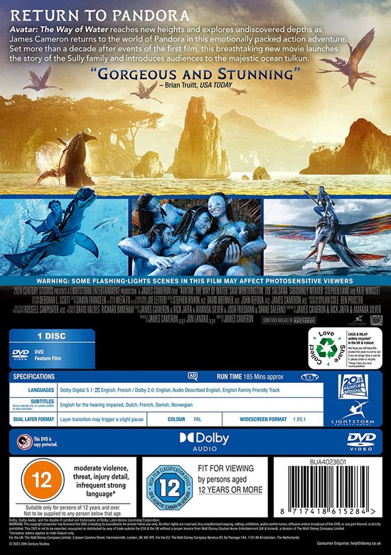 Achterkant DVD-hoes Avatar: The Way of Water met beschrijving, classificatie en techn. specificaties.