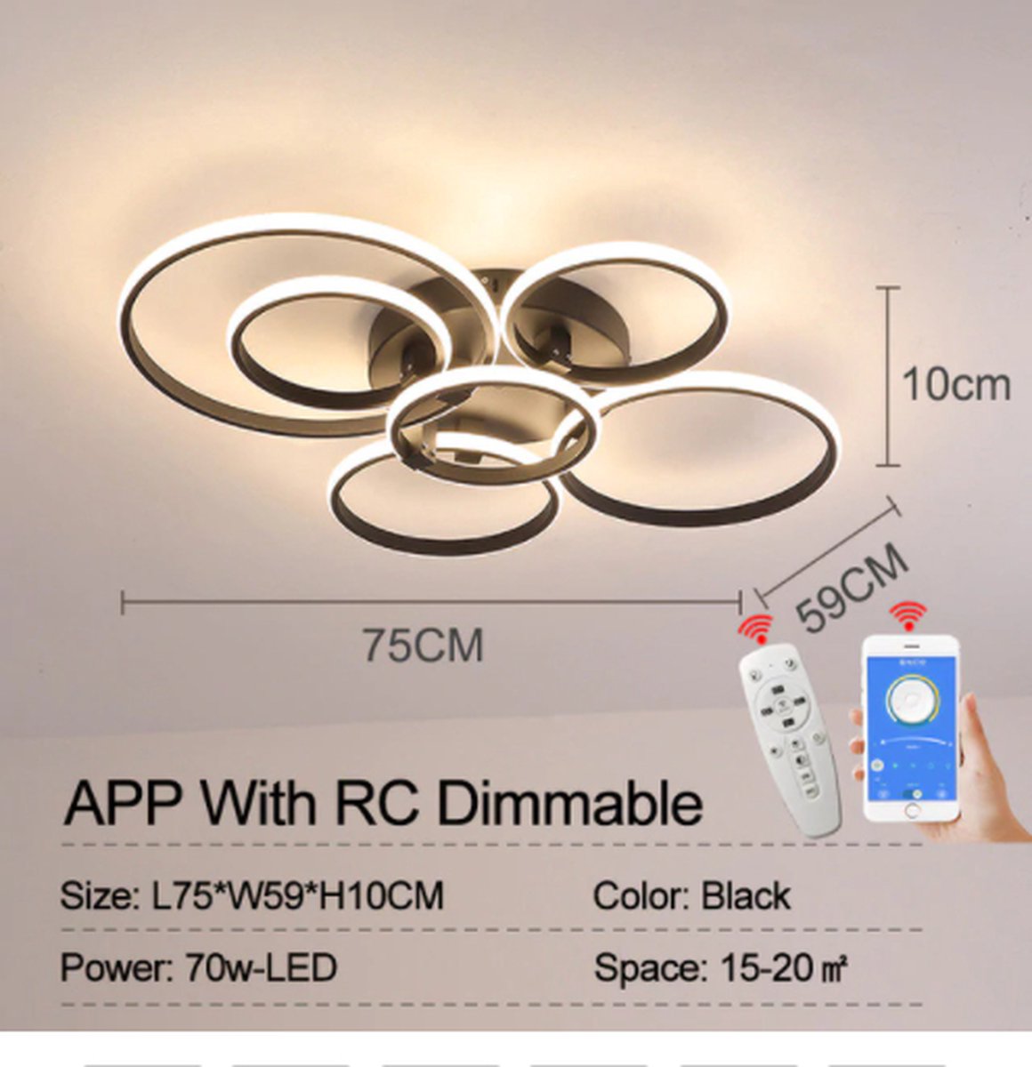 Led-woonkamerlamp, 42 W, zwart, dimbaar, plafondlamp met