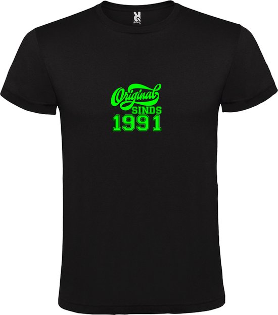 Zwart T-Shirt met “Original Sinds 1991 “ Afbeelding Neon Groen Size XS