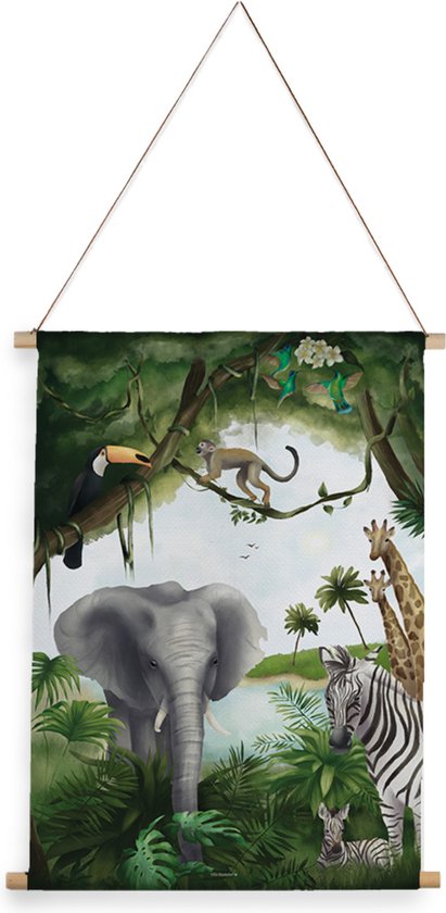 Villa Madelief Interieurbanner dieren jungle - Textielposter - 90x120cm - Wandkleed - Wandtapijt - Wanddecoratie voor thuis - Makkelijk op te hangen - Poster met houten hangers