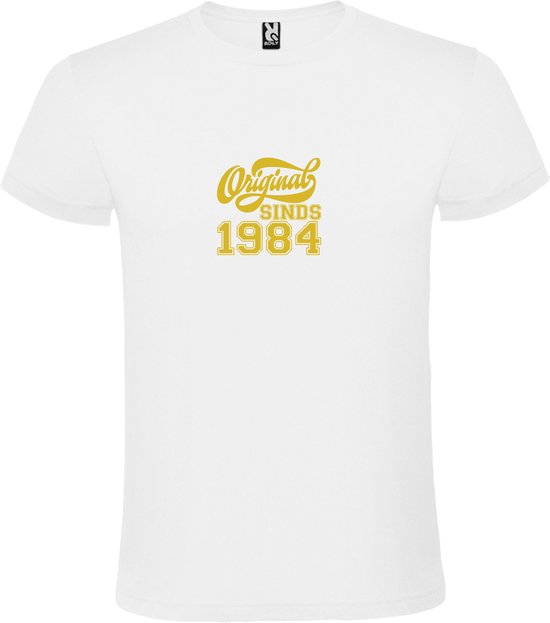 Wit T-Shirt met “Original Sinds 1984 “ Afbeelding Goud Size S