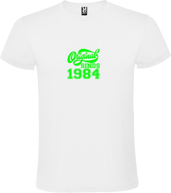 Wit T-Shirt met “Original Sinds 1984 “ Afbeelding Neon Groen Size XS