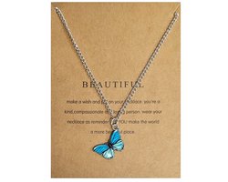 Fako Bijoux® - Doe Een Wens - Vlinder Ketting - Make A Wish - Beautiful - Blauw - Ketting Inclusief Kaart Met Tekst - Zilverkleurig